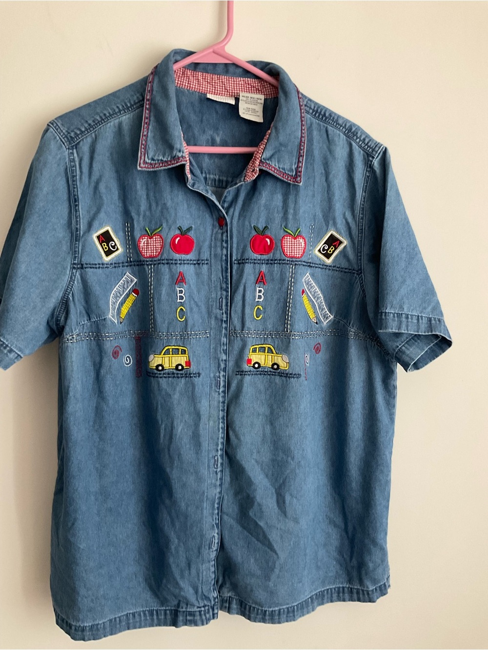 Vintage Embroider Applique ABC Teacher Educator School Demin Top Pencil Apple - Picture 9 of 9